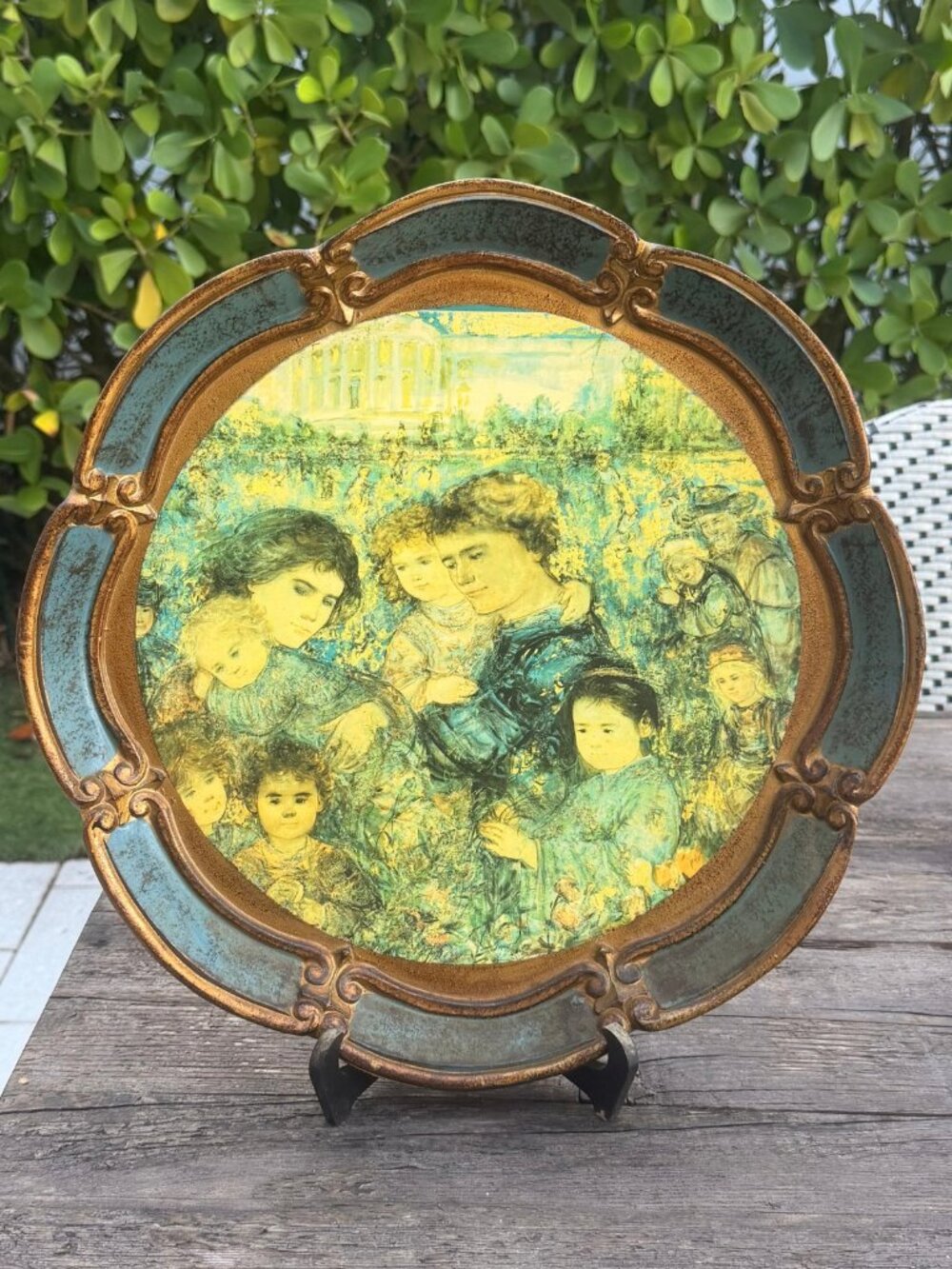 Vintage Large 16" Wall Hanging Plate Mother Children ITALY Florentine Style